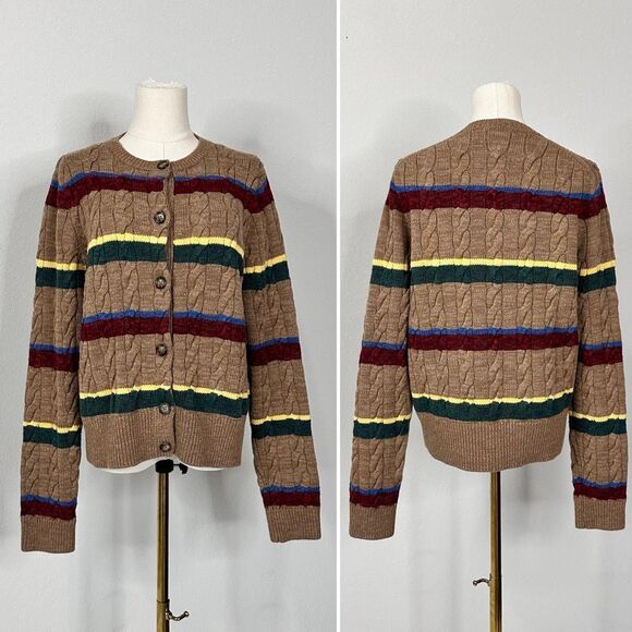 Polo Ralph Lauren Striped Cable Knit Cardigan Camel Wool Cotton XL Preppy $499 - Picture 3 of 13